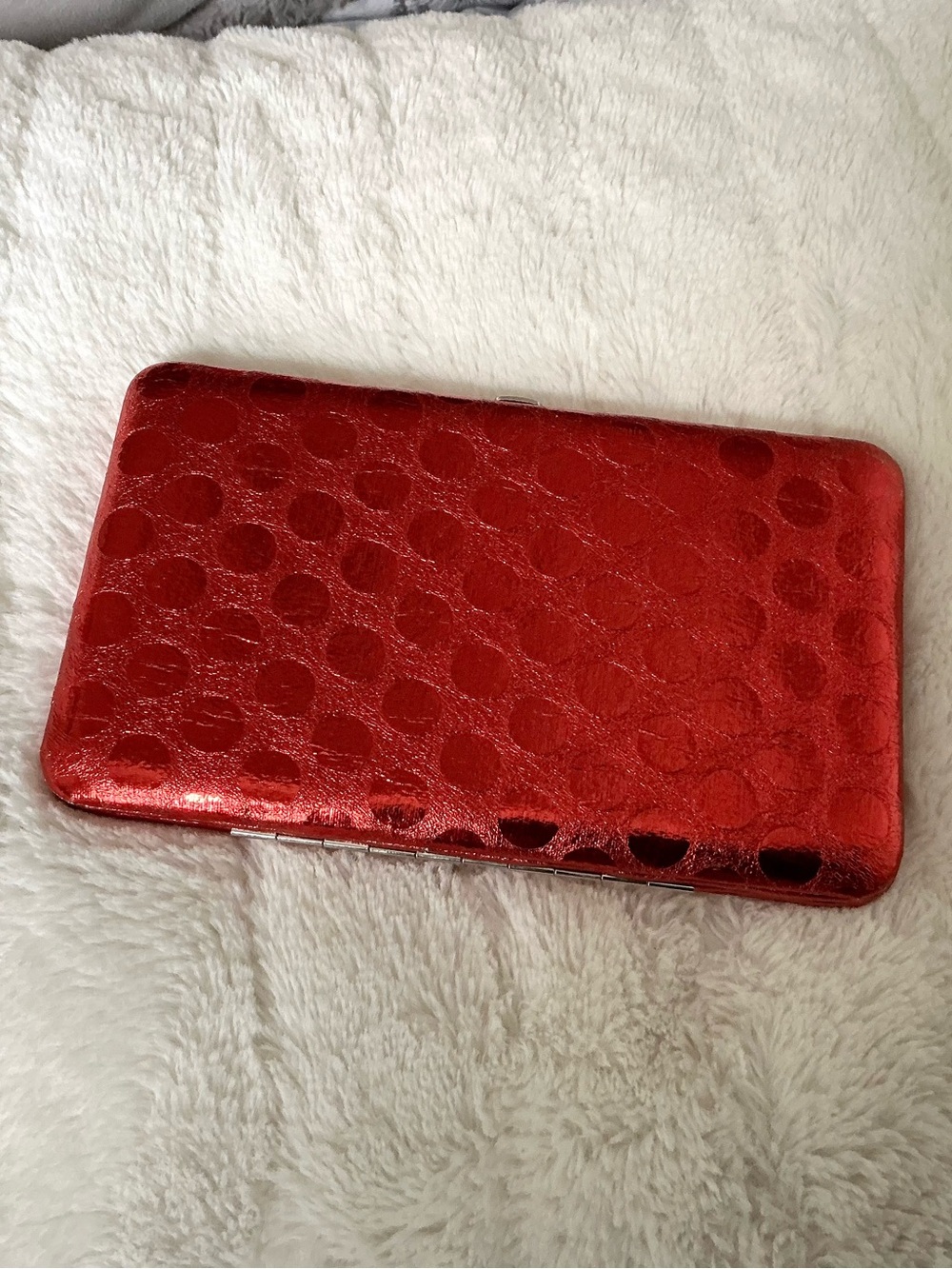Vibrant Red Textured Foil Polka Dot Minaudière Clutch Wallet Homecoming Glam